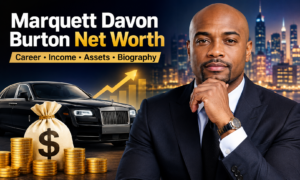 "Marquett Davon Burton Net Worth with businessman, luxury car, money bag, and financial growth graphics."