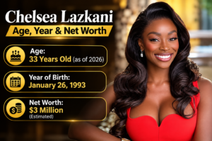 Chelsea Lazkani in a red dress with text showing her age, birth date, and estimated net worth